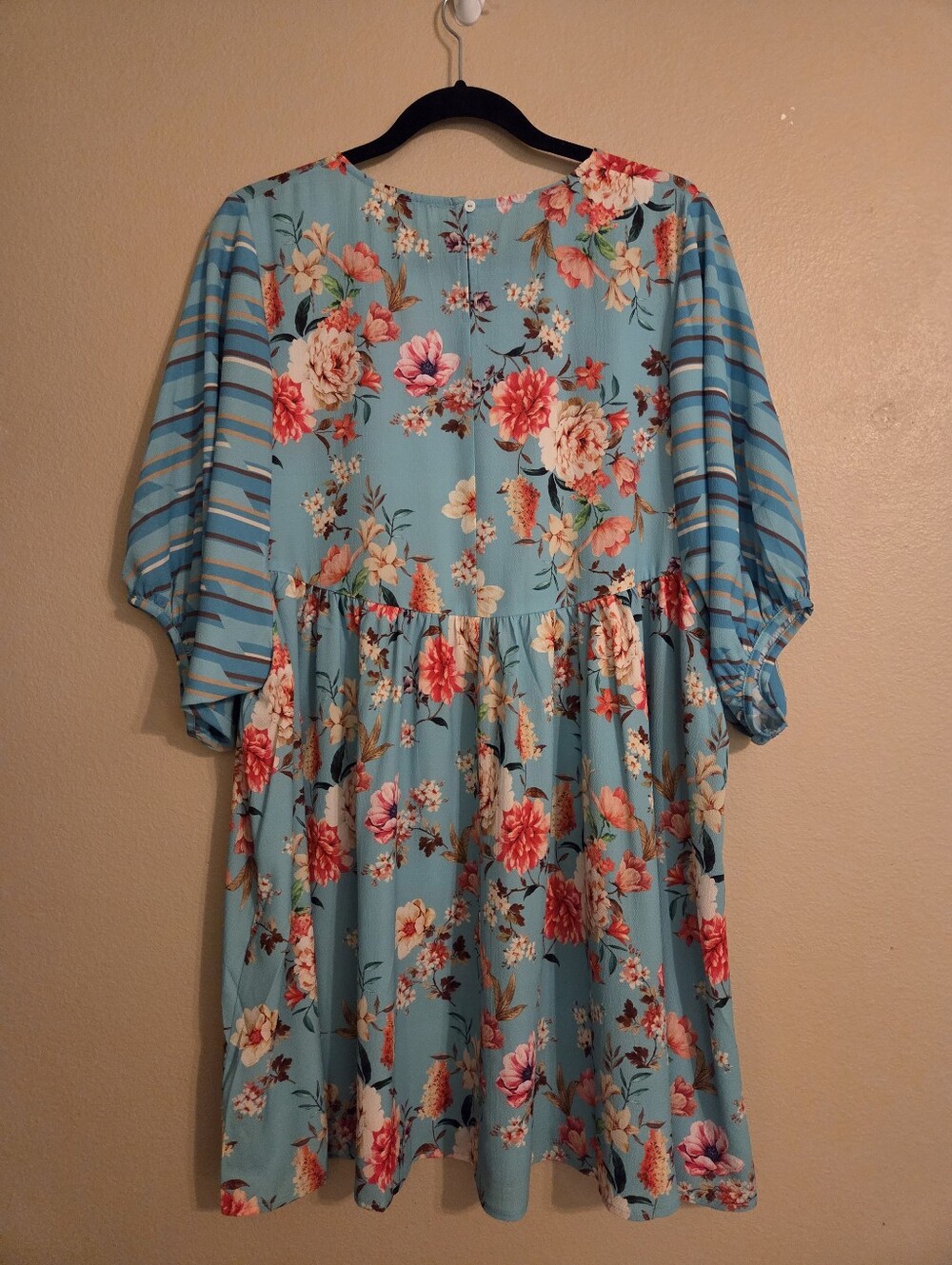 UMGEE Teal Blue Floral Multicolor Print Balloon Sleeve Scoop Neck Tunic Dress M - Picture 5 of 13